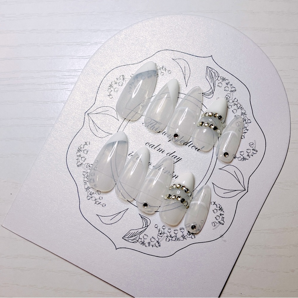 White French nail handmade gel nail, gem nails, acrylic press on nail, wedding